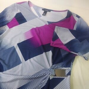 Alfani Women Purple Navy Geometric Abstract Print Tunic Blouse 3/4 Sleeve Size M